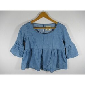 Jennyfer Chambray Cropped Peasant Top Women Small Blue Bell Sleeve